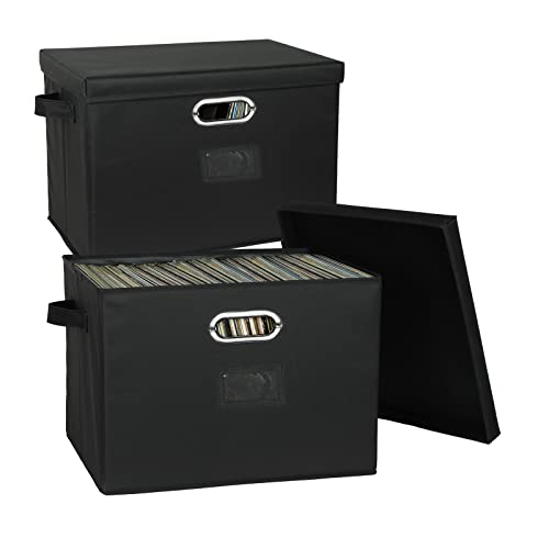 12-Inch Vinyl Record Storage Boxes with Lids and Handles, Stylish and Practical LP Record Organizer for 100+ Single Records, Suitable for Living Room, Study, Concert Hall or Office (17"-2 Pack-Fabric, - color: Black, size: 12 inch-2 Pack