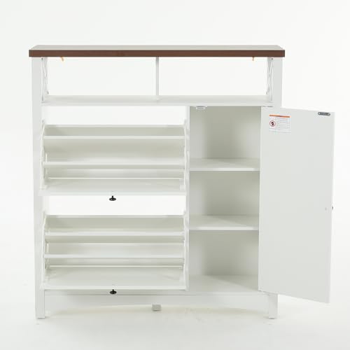 YITAHOME Farmhouse Shoe Cabinet with 2 Flip Drawers, Wood Shoe Rack w/Adjustable Shelves and Open Storage, Rustic Entryway Organizer for Hallway, Foyer, Porch, Living Room, White