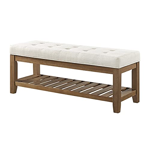 24KF Large Rectangular Upholstered Tufted Linen Ottoman Bench, Padded Bench with Solid Wood Shelf-Ivory - color: Ivory-bench, size: 16"D x 44"W x 18"H