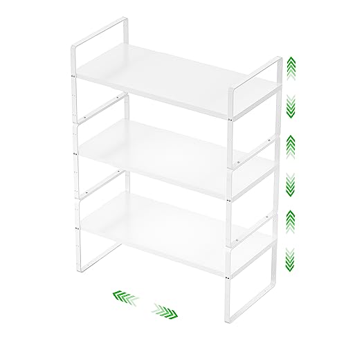 Expandable Cabinet Storage Shelf Stackable Organizer Rack for Kitchen Bathroom Pantry Spice Cupboard Countertop Home Office Desk Heavy Duty Nonslip White Large 3 Pack - color: Smooth White, size: Large - 10.2"D - 3 Pack