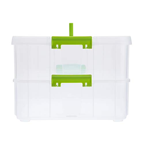 BTSKY 2 Layer Stack & Carry Box, Plastic Multipurpose Portable Storage Container Box Handled Organizer Storage Box for Organizing Stationery, Sewing, Art Craft, Jewelry and Beauty Supplies Green - color: Green
