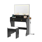 Garvee 31.5-Inch Wide Vanity with Chair, Womens Vanity with Stool, LED Mirror, Hairdryer Holder, Power Outlet, 3 Lighting Color Adjustable - color: Black Vanity With Chair