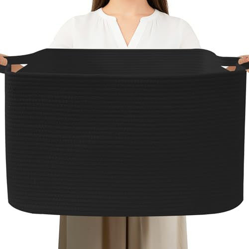 Large Blanket Basket,Woven Rope Basket Storage Bin with Handles,65L Rectangle Laundry Basket for Magazines,Toys,Clothes,Newspaper Shelf Organization,Nursery and Living Room,Black - color: Black, size: 21"x16"x12"(65L)