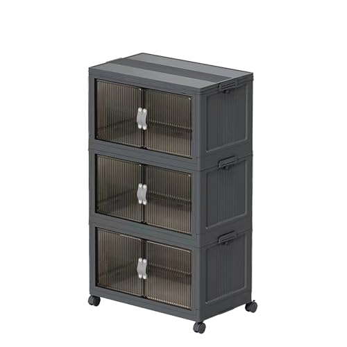 131QT Stackable Storage Bins with Lid & Door, 32 Gal Collapsible Plastic Storage Containers with Locking Wheel, Space Saving Foldable Organizer for Home Bedroom Office Gray 3T - size: 131Qt/32Gal-3Packs/1Top Lid