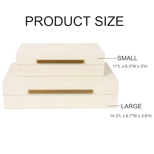 Beige Shagreen Decorative Storage Boxes – Set of 2 Faux Leather Jewelry & Memory Boxes with Gold Metal Handles, Nesting Photo Organizers for Home Decor, Gift, and Office Organization - color: Beige+Gold Handles, size: 2 pack