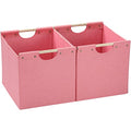 HOONEX Large Foldable Storage Bins, Linen Fabric, Pack of 2, Storage Baskets with Wooden Carry Handles and Sturdy Heavy Cardboard, for Home, Office, Car, Nursery, Pink - color: Pink