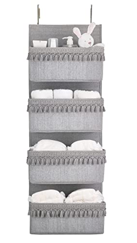 Dahey Over The Door Organizer Boho Nursery Storage Decor Closet Hanging Organizer with Tassels Decoration for Bedroom Nursery Bathroom Apartments Dorm Pantry, 4 Pockets, Grey - color: Grey, size: Medium