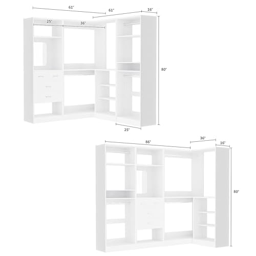Unikito 86” Closet System, Large Corner Closets Organizer with Hanging Rods and Mirror Design, Freestanding Adjustable Wood Clothes Garment Rack with Drawers, Sturdy Walk in Closet Tower, White