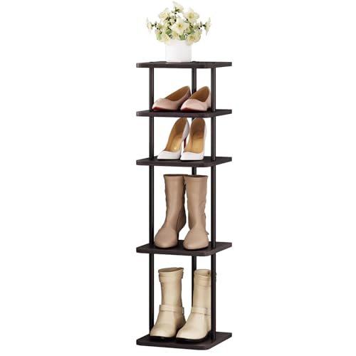 SORCEDAS 5 Tiers Vertical Shoe Rack Wooden Shoe Storage Organizer for Space Saving Narrow Shoe Shelf Storage 5 Pairs for Entryway Living Room Bedroom(Black + Rustic Dark Brown) - color: Black + Rustic Dark Brown, size: 5 Tier-Standard