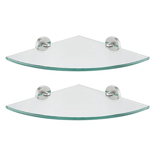 JQK Corner Glass Shelf, Brushed Steel Bathroom 304 Stainless Steel Shower Triangle Floating Wall Shelf, 10 x 10 Tempered Glass, 2 Pack, TGS190L10-BN-P2 - color: Brushed, size: 2 Pack