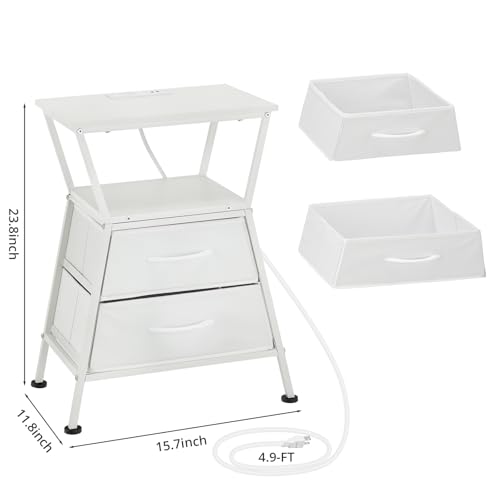Nightstand with Charging Station, Side Tables for Bedroom with Built-in USB Side Table with 2 USB Ports and Outlets Nightstand with Cloth Drawer End Tables Living Room Sofa Couch - color: White With Socket