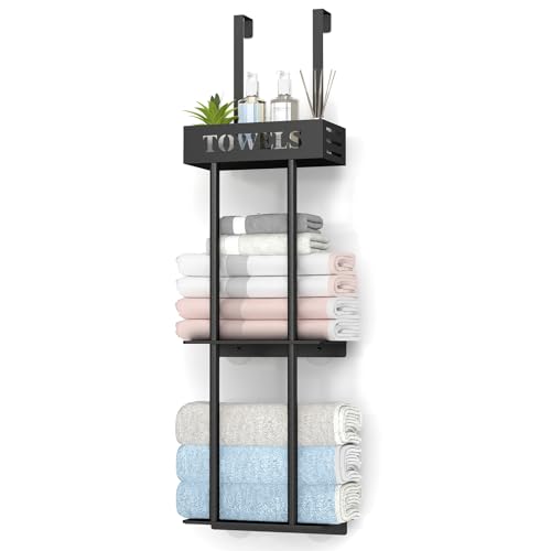 Over The Door Towel Rack, 3 Tier Hanging Towel Rack for Bathroom Stainless Steel, Over Door & Wall Mounted Towel Holder with Shelf Basket, Towel Storage for Small Bathroom, Black - color: Black - Over Door