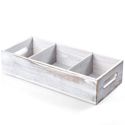 14 Inch Farmhouse White Bathroom Basket with Removable Dividers - 3 Comparments Wood Toilet Paper Basket for Back of Toilet Tank Topper - White Storage Organizer for Bathroom Pantry Organization - color: Rustic White
