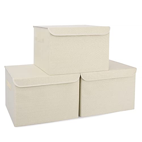 Bagnizer Large 42 Quarts Collapsible Stackable Storage Bins Cube with Lids [3-Pack] Foldable Fabric Linen Storage Boxes, Closet Organizer Baskets with Label for Home (16.7 x 12 x 12, Beige) - color: Beige, size: Large - 3 Pack