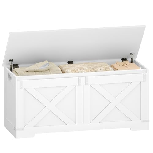 Hzuaneri 42.9" Storage Chest, Large Storage Trunk with 2 Hinges, Farmhouse Wooden Box Bench, Lift-Top Organizer Chest, Entryway Trunk for Bedroom, Living Room, White SB10903X - color: White, size: 15.7"D x 42.9"W x 19.1"H