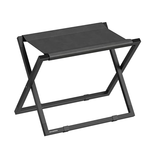 SONGMICS Luggage Rack, Foldable Suitcase Stand, Metal Luggage Holder, Synthetic Leather, Easy to Assemble, for Guest Room, Hotel, Bedroom, Ink Black and Charcoal Gray URLR009B01 - color: Black, size: 1 Pack, style: with Synthetic Leather