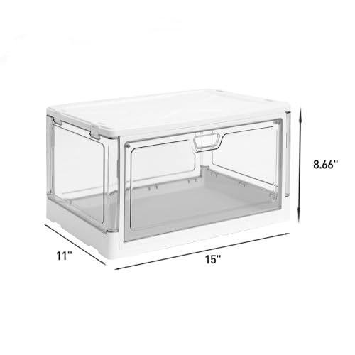 HYBRIDEAS 3-Pack Clear Stackable Storage Bins with Lids Magnetic Doors Open Front Foldable Folding Plastic Craft Containers Large Closet Organizers Box for Bedrooms Living Rooms Study Kids' Toys 24 QT - color: White