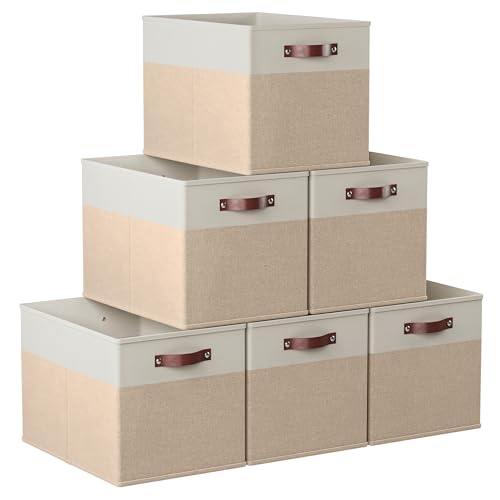 Ornavo Home 13 x 15 x 13 Kallax Storage Cube Bins, Foldable Collapsible Fabric Storage Bins Box Linen Shelf Basket Cube Organizer for Closet with Leather Handles, 6 Pack, White/Khaki - color: White/Khaki, size: Kallax - 13 x 15 x 13