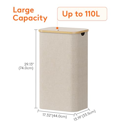 Lifewit 110L Laundry Basket with Lid, Clothes Hampers for Laundry with Bamboo Handles and 1 Removable Bag, Large Foldable Laundry Hamper for Bedroom, Bathroom, Dorm, Laundry Room, Beige - color: Beige, size: 110L
