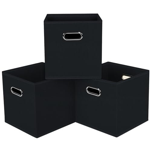 Black Foldable Storage Cubes Bins, Fabric Storage Box Cubes Organizer Baskets with Dual Handles for Home Organizer,Set of 3,(Black) - color: Black, size: 3 Pack