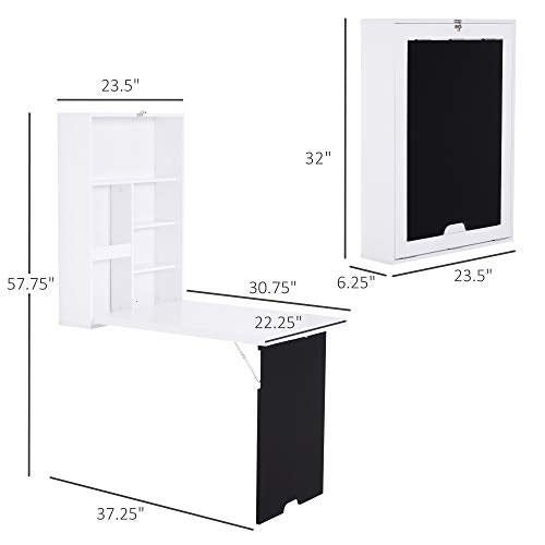 Foldable Wall Mounted Desk with Storage Shelves, Fold Out Convertible Computer Table with Blackboard, Folding Writing Table Workstation for Small Spaces,Home Office (White-a) - color: White-a