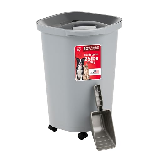 IRIS USA Pet Food Storage Container 25 lbs, Premium 60% Improved Airtight Seal with Air Valve, 2 Cup Scoop, Removable Wheels, Easy to Open - Made in the USA, Gray - color: Gray/Dark Gray, size: 25 lbs