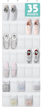 Tiblue Over The Door Shoe Organizer 35 Mesh Pockets Hanging Shoe Organizer Shoe Rack For Door Closet Entryway Bedroom Pantry Organizer - Shoe Holder Hanger For Sneakers, Women High Heeled Shoes White