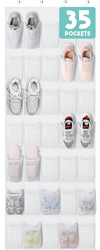 Tiblue Over The Door Shoe Organizer 35 Mesh Pockets Hanging Shoe Organizer Shoe Rack For Door Closet Entryway Bedroom Pantry Organizer - Shoe Holder Hanger For Sneakers, Women High Heeled Shoes White