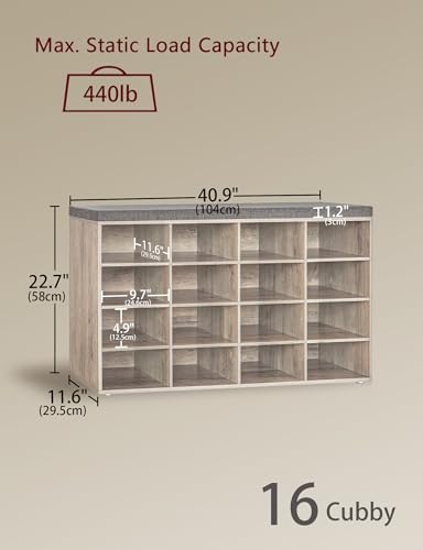 DINZI LVJ Shoe Storage Bench with Cushion, 16-Cubby Shoe Rack, Adjustable Shelves, Multifunctional Shoe Organizer Bench for Entryway, Mudroom, Hallway, Living Room, Bedroom and Garage, Greige - color: Greige, size: 16 Cubby