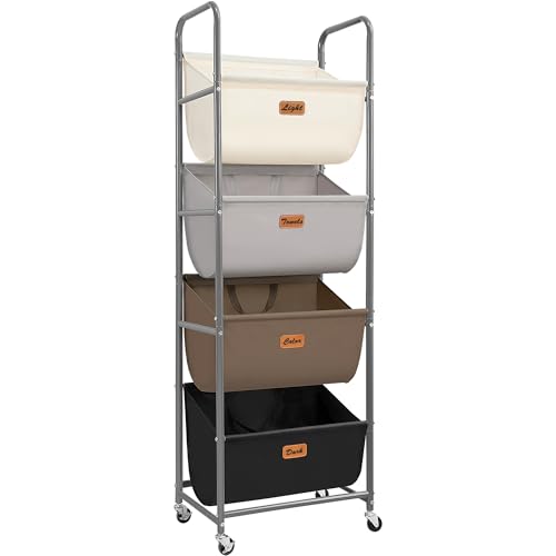 STORAGE MANIAC Vertical Rolling Laundry Hamper, 4 Section Laundry Sorter with Wheels and 2 Breaks, 4-tier Laundry Baskets for Small Space, Dorm, Laundry Room, Closet, Multicolored 4-tier - color: Multicolored, size: 4 Tier