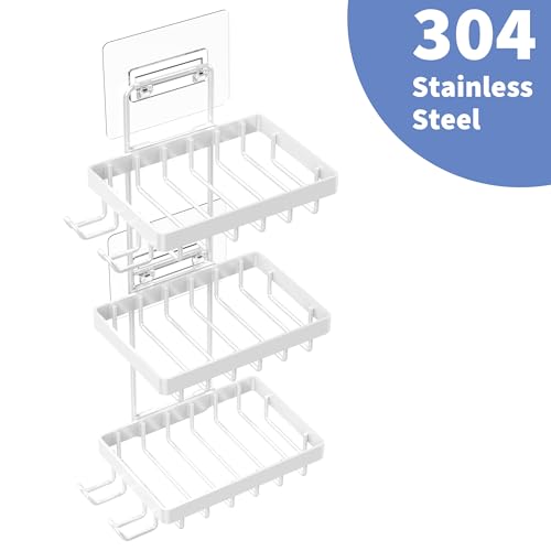 Moforoco 3-Tier White Soap Bar Holder for Shower, No Drilling, 304 Stainless Steel, Wall Mounted Soap Holder with 4 Hooks and Razor Holder, Shower Rack Soap Tray Bar Soap for Bathroom Accessories - color: White, size: 3-T