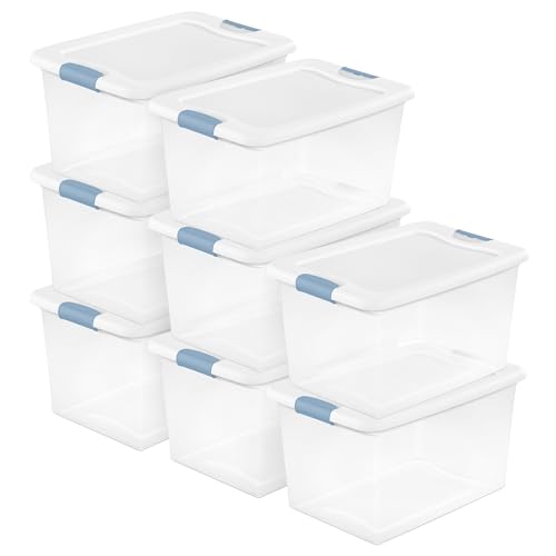 Sterilite 8-Pack 64 Quart Latching Box, Clear Plastic Storage Organizer Bins with White Lids - Large Stackable Containers for Home Bedroom, Dorm Room, and Closet Organization - size: 64 Quart, style: 8 Pack