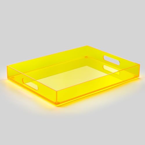 ATZYmolin 16"x12" Large Acrylic Serving Tray Decorative Ottoman Coffee Table Vanity Tray Tea Fruit Platter Snack Appetizer Dessert Drink with Handles for Bar Kitchen Party, Neon Yellow - color: Neon Yellow - Medium