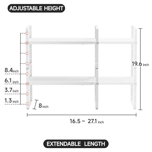 2Pack 16.5-27’’L Expandable Cabinet Shelf Organizers, Stackable Metal Shelves Extender for Kitchen Countertop Storage, Adjustable Spices Shelves Rack Stand for Cupboard Pantry, White - size: 2Pack-Common-8''Wx(16.5-27'')Lx9.6''H-White