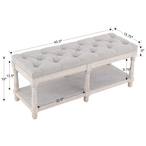 chairus Shoe Rack Bench Storage Vintage Bedroom Padded Bench Seat End of Bed, Fabric Tufted Farmhouse French Entryway Bench with Wood Legs for Hallway Foyer, Beige - color: Beige, size: 45.5 Inches Seat