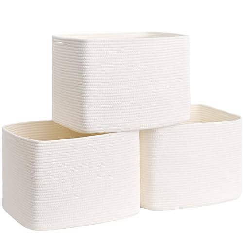 3 Pack Cube Storage Bin, 17”x12”x12” Cotton Rope Woven Baskets for Organizing Toys Clothes Towels, Square Gift Storage Baskets for Shelves, Nursery, Closet, Bathroom, Pantry (White) - color: White, size: 17" x 12" x 12"