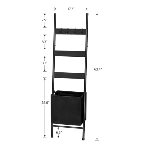 HOOBRO Blanket Ladder with Basket, 17.3”L x 63.4”H, Towel Rack with Hooks, Blanket Holder Rack, Decorative Ladder Shelf, Drying and Display Rack for Bathroom, Living Room, Black BB31CJ01 - color: Black + Black