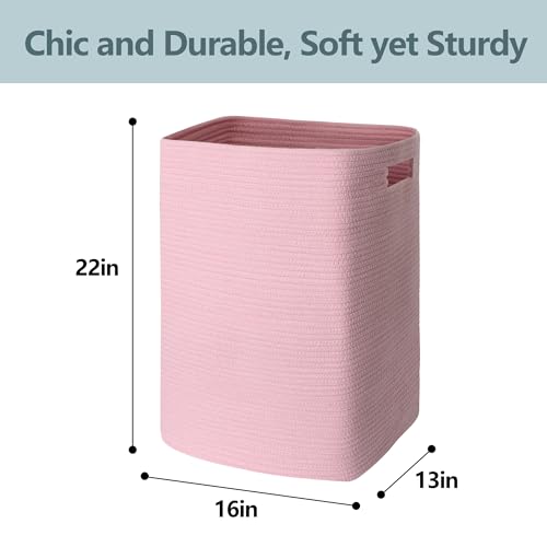 MEGASKET Large Laundry Hamper 16"x13"x22" - Tall Woven Laundry Basket, Cotton Rope Dirty Clothes Hamper, Baby Kids Nursery Wicker Laundry Basket, Bedroom Aesthetic, Soft Laundry Bin, Pink Hamper, 75L - color: Pink