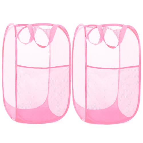 2 Pack Durable Collapsible Laundry Baskets - Reinforced Mesh Pop Up Laundry Hamper with Pocket, Foldable Dirty Clothes Hamper with Carry Handles for Laundry, Bathroom, Kids Room, Dorm or Travel Pink - color: 2 x Pink, size: Pop Vertical