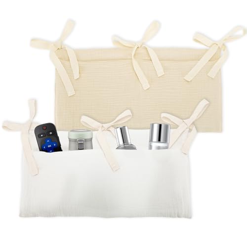 2 Pieces Solid ColorBedside Caddy with 2 Pockets, Bedside Hanging Storage Organizer, Dorm Rooms Bunk Bed Storage Bag for Home Phone Remote Control Key Glasses (Light Tan, White) - color: Light Tan, White