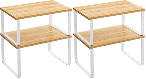 SONGMICS Cabinet Organizer Shelf, Set of 2 Kitchen Counter Shelves, Kitchen Storage, Spice Rack, Stackable, Expandable, Metal and Engineered Wood, Cloud White and Natural Beige UKCS02NW (Pack of 2) - color: Cloud White + Natural Beige, size: 11.7"W (Pack