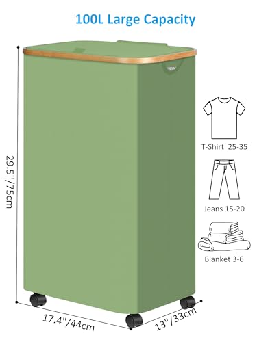 efluky Laundry Basket with Wheels, Tall Rolling Laundry Hamper with Lid and Removable Bag, Aesthetic Dirty Clothes Hamper on Wheels for Laundry Room, Bedroom, Dorm and Bathroom, 100L Green - color: Green, size: 100L