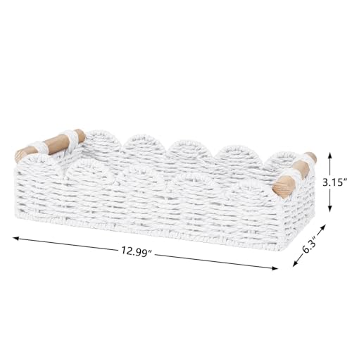 CubesLand Toilet Paper Storage Basket Organizer, Small Wicker Toilet Tank Top Decorative Baskets for Countertop, Handwoven Scalloped Basket w/handle for Home Decor, Living Room, Bedroom, White - color: White, size: S - 12.99"L x 6.3"W x 3.15"H