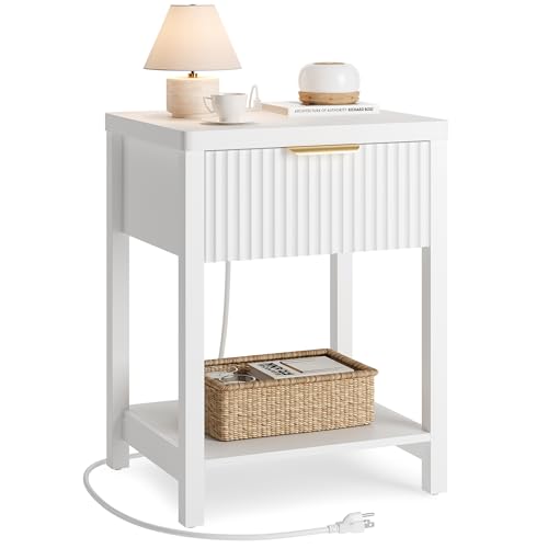 Lulive Modern White Night Stand, Fluted Nightstand with Charging Station, Wood Modern Bedside End Table with Storage Drawer for Bedroom, Save Space (Set of 1, White) - color: White, size: 1 Drawer-Set of 1 Nightstand