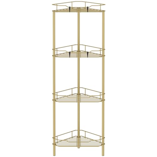 HuggieGems 4 Tier Floor Standing Corner Shower Caddy Organizer Shelf with Hooks, Bathroom Shelves Stand Rack, Gold - color: Gold, size: 4 Tier