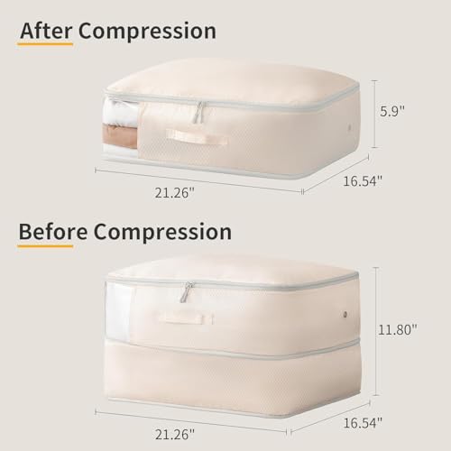 DIMJ Comforter Storage Bag 4 Pack - Blanket Storage Organizer Compression Bags, Large Capacity Ultra Space Saving Self Compression Organize for Bedding, Pillow, Duvet, Sheet Storage with Zipper Window - color: Beige, size: 66L x 4 Pack