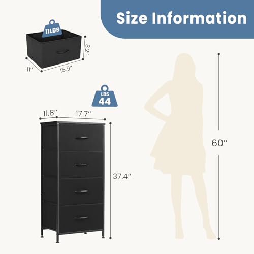 DUMOS Nightstand with 4 Drawers Bedside Table with Removable Fabric Bins Sturdy Steel Frame Wood Top Organizer Furniture for Bedroom Closet Living Room - color: Black, size: 11.8"D x 17.7"W x 37.4"H (4 Drawers)