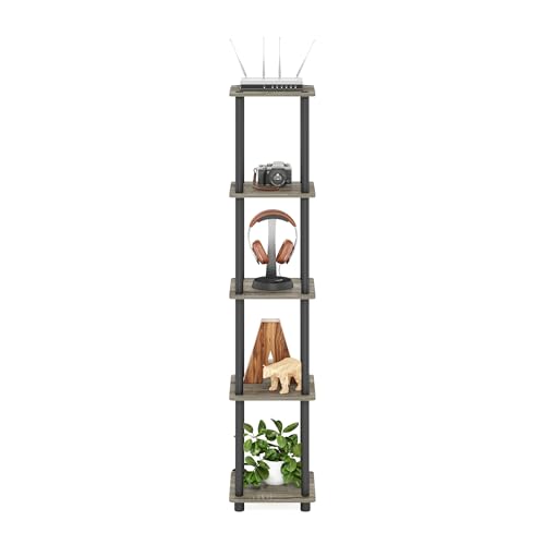 FURINNO Turn-N-Tube 5-Tier Corner Square Rack Display Shelf, Round, French Oak Grey/Black - color: French Oak Grey/Black, size: 5-Tier Round Tube