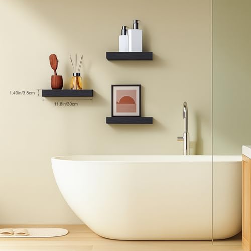 Floating Shelves for Wall, Bathroom Shelves Over Toilet, Wall Shelves & Book Shelf for Room, Hanging Shelf, Modern Wooden Wall-Mounted Small Floating Shelves, 12x7x1.5 in (Black, Set of 3) - color: Black, size: 12"(set of 3)