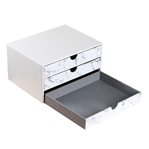 3-Drawer Leather Desk Organizer with A4 File Holder-Stackable Modular Storage Box for Office Supplies,Files,Bills & Jewelry-Space-Saving Design for Home Office,Desk & Workspace(White) - color: white